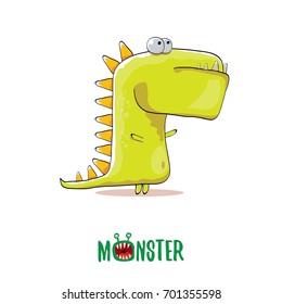 vector funny cartoon cute green kids monster dinosaur t rex label isolated on white background. Vector funny mascot tyrannosaurus rex