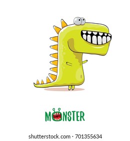 vector funny cartoon cute green kids monster dinosaur t rex label isolated on white background. Vector funny mascot tyrannosaurus rex