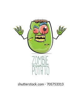 vector funny cartoon cute green zombie potato isolated on white background. My name is zombie potato vector concept halloween background. monster vegetable funky character