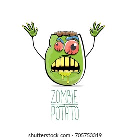 vector funny cartoon cute green zombie potato isolated on white background. My name is zombie potato vector concept halloween background. monster vegetable funky character