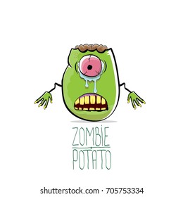 vector funny cartoon cute green zombie potato isolated on white background. My name is zombie potato vector concept halloween background. monster vegetable funky character