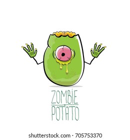 vector funny cartoon cute green zombie potato isolated on white background. My name is zombie potato vector concept halloween background. monster vegetable funky character