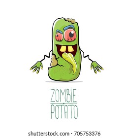vector funny cartoon cute green zombie potato isolated on white background. My name is zombie potato vector concept halloween background. monster vegetable funky character