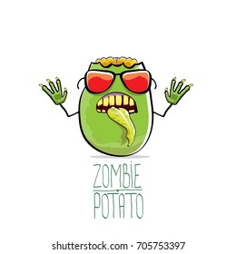 vector funny cartoon cute green zombie potato isolated on white background. My name is zombie potato vector concept halloween background. monster vegetable funky character