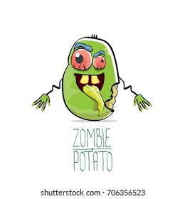 vector funny cartoon cute green zombie potato isolated on white background. My name is zombie potato vector concept halloween background. monster vegetable funky character