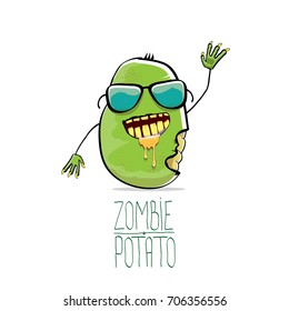 vector funny cartoon cute green zombie potato isolated on white background. My name is zombie potato vector concept halloween background. monster vegetable funky character