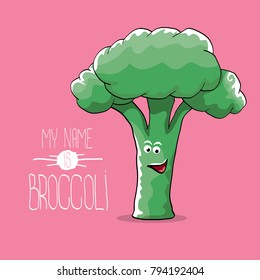 vector funny cartoon cute green smiling broccoli character isolated on pink background. My name is broccoli vector concept. vegetable funky character. vegan food