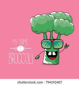 vector funny cartoon cute green smiling broccoli character isolated on pink background. My name is broccoli vector concept. vegetable funky character. vegan food