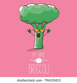 vector funny cartoon cute green smiling broccoli character isolated on pink background. My name is broccoli vector concept. vegetable funky character. vegan food
