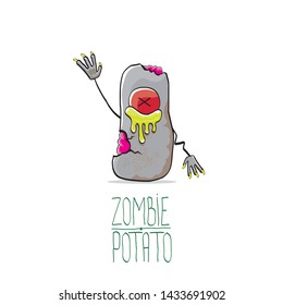 vector funny cartoon cute grey zombie potato character isolated on white background. My name is zombie potato vector concept halloween background. monster vegetable funky character
