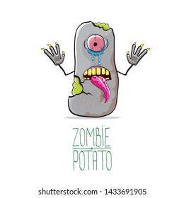 vector funny cartoon cute grey zombie potato character isolated on white background. My name is zombie potato vector concept halloween background. monster vegetable funky character