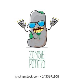 vector funny cartoon cute grey zombie potato character isolated on white background. My name is zombie potato vector concept halloween background. monster vegetable funky character