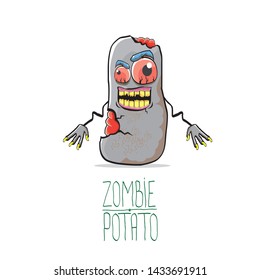 vector funny cartoon cute grey zombie potato character isolated on white background. My name is zombie potato vector concept halloween background. monster vegetable funky character