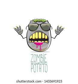 vector funny cartoon cute grey zombie potato character isolated on white background. My name is zombie potato vector concept halloween background. monster vegetable funky character