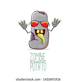 vector funny cartoon cute grey zombie potato character isolated on white background. My name is zombie potato vector concept halloween background. monster vegetable funky character
