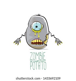 vector funny cartoon cute grey zombie potato character isolated on white background. My name is zombie potato vector concept halloween background. monster vegetable funky character