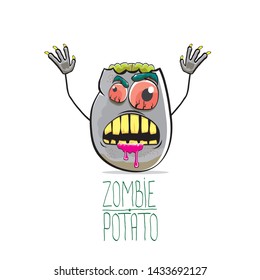 vector funny cartoon cute grey zombie potato character isolated on white background. My name is zombie potato vector concept halloween background. monster vegetable funky character