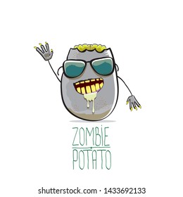 vector funny cartoon cute grey zombie potato character isolated on white background. My name is zombie potato vector concept halloween background. monster vegetable funky character