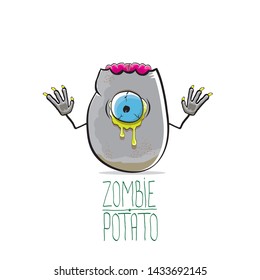 vector funny cartoon cute grey zombie potato character isolated on white background. My name is zombie potato vector concept halloween background. monster vegetable funky character