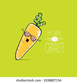 vector funny cartoon cute orange carrot isolated on green background. My name is carrot. vegetable funky cartoon cute character