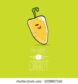 vector funny cartoon cute orange carrot isolated on green background. My name is carrot. vegetable funky cartoon cute character
