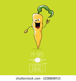 vector funny cartoon cute orange carrot isolated on green background. My name is carrot. vegetable funky cartoon cute character