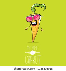 vector funny cartoon cute orange carrot isolated on green background. My name is carrot. vegetable funky cartoon cute character