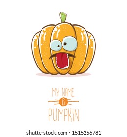 vector funny cartoon cute orange smiling pumkin isolated on white background. My name is pumkin vector concept illustration. vegetable funky halloween or thanksgiving day character