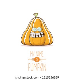 vector funny cartoon cute orange smiling pumkin isolated on white background. My name is pumkin vector concept illustration. vegetable funky halloween or thanksgiving day character