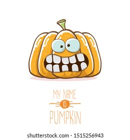 vector funny cartoon cute orange smiling pumkin isolated on white background. My name is pumkin vector concept illustration. vegetable funky halloween or thanksgiving day character