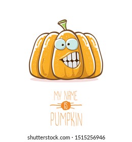 vector funny cartoon cute orange smiling pumkin isolated on white background. My name is pumkin vector concept illustration. vegetable funky halloween or thanksgiving day character