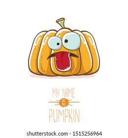 vector funny cartoon cute orange smiling pumkin isolated on white background. My name is pumkin vector concept illustration. vegetable funky halloween or thanksgiving day character