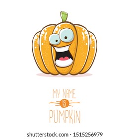 vector funny cartoon cute orange smiling pumkin isolated on white background. My name is pumkin vector concept illustration. vegetable funky halloween or thanksgiving day character