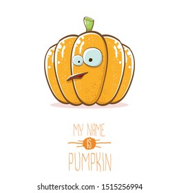 vector funny cartoon cute orange smiling pumkin isolated on white background. My name is pumkin vector concept illustration. vegetable funky halloween or thanksgiving day character