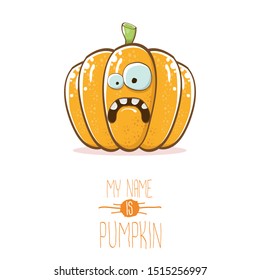vector funny cartoon cute orange smiling pumkin isolated on white background. My name is pumkin vector concept illustration. vegetable funky halloween or thanksgiving day character