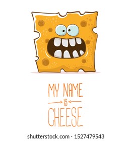 vector funny cartoon cute orange cheese character isolated on white background. My name is cheese. food funky character