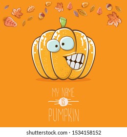 vector funny cartoon cute orange smiling pumkin isolated on autumn orange background. My name is pumkin vector concept illustration. vegetable funky halloween or thanksgiving day character