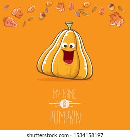 vector funny cartoon cute orange smiling pumkin isolated on autumn orange background. My name is pumkin vector concept illustration. vegetable funky halloween or thanksgiving day character