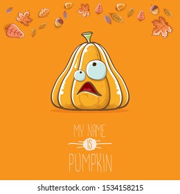 vector funny cartoon cute orange smiling pumkin isolated on autumn orange background. My name is pumkin vector concept illustration. vegetable funky halloween or thanksgiving day character