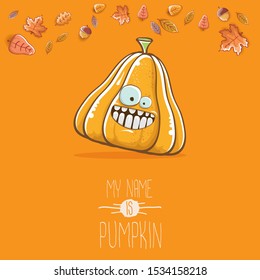 vector funny cartoon cute orange smiling pumkin isolated on autumn orange background. My name is pumkin vector concept illustration. vegetable funky halloween or thanksgiving day character