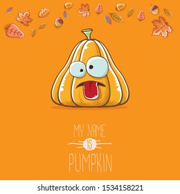 vector funny cartoon cute orange smiling pumkin isolated on autumn orange background. My name is pumkin vector concept illustration. vegetable funky halloween or thanksgiving day character