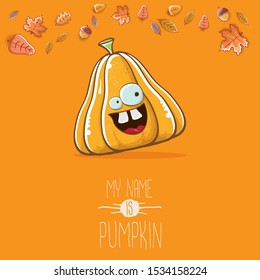 vector funny cartoon cute orange smiling pumkin isolated on autumn orange background. My name is pumkin vector concept illustration. vegetable funky halloween or thanksgiving day character