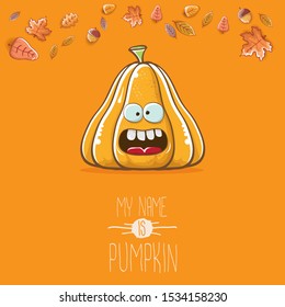 vector funny cartoon cute orange smiling pumkin isolated on autumn orange background. My name is pumkin vector concept illustration. vegetable funky halloween or thanksgiving day character