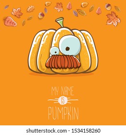 vector funny cartoon cute orange smiling pumkin isolated on autumn orange background. My name is pumkin vector concept illustration. vegetable funky halloween or thanksgiving day character