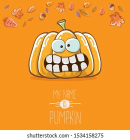 vector funny cartoon cute orange smiling pumkin isolated on autumn orange background. My name is pumkin vector concept illustration. vegetable funky halloween or thanksgiving day character