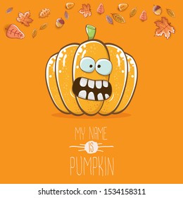 vector funny cartoon cute orange smiling pumkin isolated on autumn orange background. My name is pumkin vector concept illustration. vegetable funky halloween or thanksgiving day character