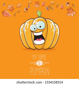vector funny cartoon cute orange smiling pumkin isolated on autumn orange background. My name is pumkin vector concept illustration. vegetable funky halloween or thanksgiving day character