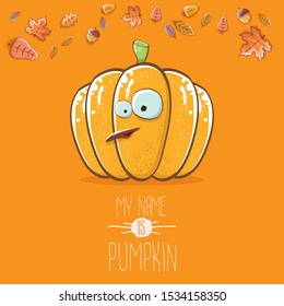 vector funny cartoon cute orange smiling pumkin isolated on autumn orange background. My name is pumkin vector concept illustration. vegetable funky halloween or thanksgiving day character