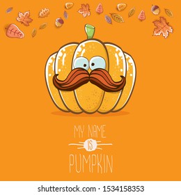 vector funny cartoon cute orange smiling pumkin isolated on autumn orange background. My name is pumkin vector concept illustration. vegetable funky halloween or thanksgiving day character