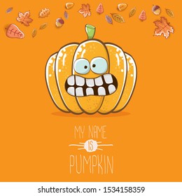 vector funny cartoon cute orange smiling pumkin isolated on autumn orange background. My name is pumkin vector concept illustration. vegetable funky halloween or thanksgiving day character